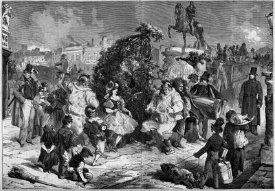 Årlig fest med små skorsteiner i gatene i London, England, mai 1860. Under dansen for å feire vårens ankomst, tar et barn en quete med tilskuerne; Gravering i "Le Monde Illustré"" nr. 160 av 12. mai 1860. av French School