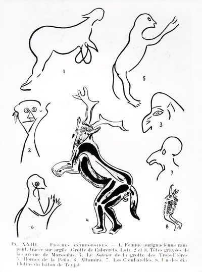Antropoide figurer i forhistoriske huler, fra Les Artistes Prehistoriques av Morin-Jean, 1933 av French School