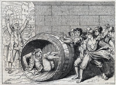 Antisemittforfølgelse på 1600-tallet: en jøde ruller i en tønne av innbyggere i Roma. Illustrasjon av "" Meo Patacca"", dikt av Giuseppe Berneri (1637-1700). Gravering av Bocourt. av French School