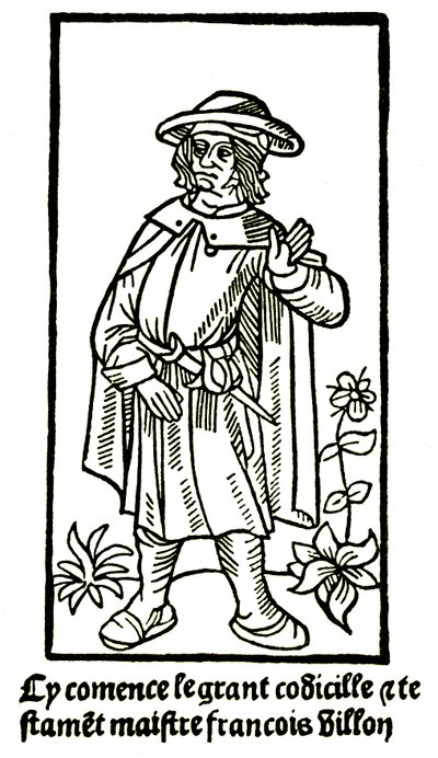 Apokryfisk portrett av poeten Francois Villon i "Det store testamente" - "Cy comence le grant codicille & testamet maistre Francois Villon"" (her begynner den store codicille et testament) utgave P Levet 1489 (tresnitt) av French School