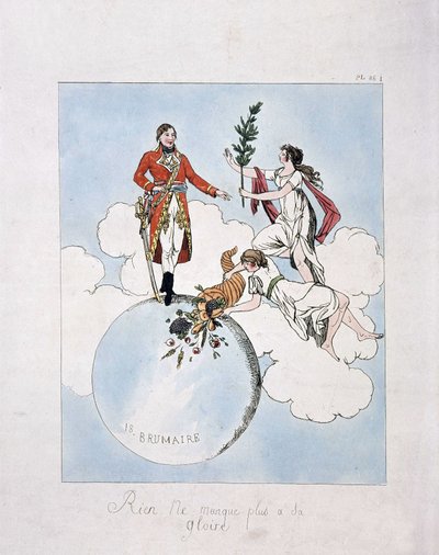 Apotheosis av Napoleon-Bonaparte under statskuppet 18. brumaire år VIII (9.11.1799). (nymfer som presenterer ham laurbær og overflodshorn) av French School