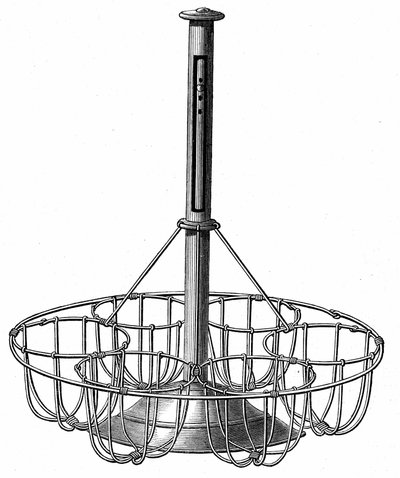 Apparat for koking av egg: eggene legges i kurver brus med en holder i midten som er et termometer som lar deg vite temperaturen på vannet under koking. Gravering i "" Le Magasin Picturesque"" av French School