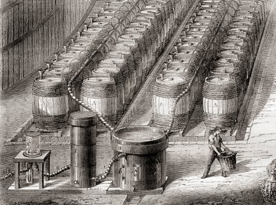 Apparat som brukes til fremstilling av hydrogengassen, ved innvirkning av svovelsyre på jern, når en ballong fylles, fra 'Les Merveilles de la Science', publisert ca. 1870 (lito) av French School
