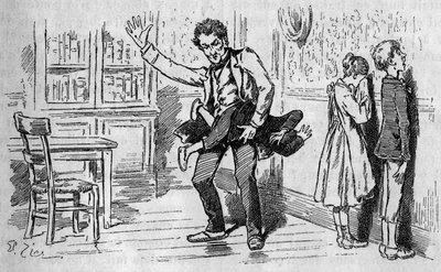 Applying punishment by a teacher on a pupil dissipates in a pentionnate. Engraving in the illustrious journal “” La jeunesse”” av French School