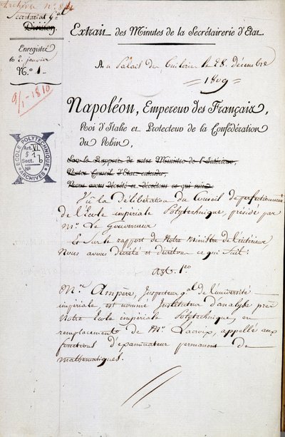 Utnevnelse av Napoleon av André Marie Ampère som inspektør for Polytechnique - Obligatorisk omtale: Archives of the Bibl. fra Ecole Polytechnique av French School