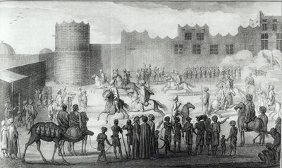 Arab Fighters Exercising in Yemen, fra Description of Arabia sørget for egne observasjoner og meninger samlet på de samme stedene av Carsten Niebuhr, publisert 1774 av French School