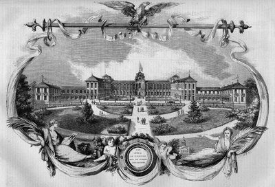 Arkitektur: fasade av sykehuset kjent som "Imperial Asylum of Vincennes" for rekonvalesentarbeidere innviet i 1857. I dag kalles "National Hospital of Saint Maurice", Saint Maurice (94). Gravering i “” Le Monde Illustré”” nr. 20 av 29. august 1 av French School