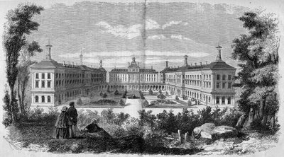 Arkitektur: generelt syn på militærsykehuset i Vincennes (1858). Gravering i "" Le Monde Illustré"" nr. 61 av 12. juni 1858. av French School