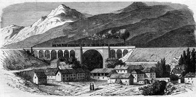 Arkitektur: utsikt over Bellegarde-viadukten (Rhone Alpes) på jernbanelinjen som forbinder Lyon med Genève. 1858. Gravering i “” Le Monde Illustré”” nr. 49 av 20. mars 1858. av French School
