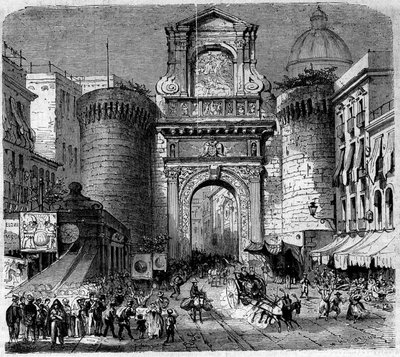 Arkitektur: utsikt over Porta Capuana (Porta Capuana) (1484) i Napoli, under inntoget av troppene fra ekspedisjonen til de tusen eller de røde skjortene til Garibaldi i 1860. Gravering i "" Le Monde Illustré"" n°180 av 22. september 1860. av French School