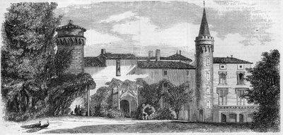 Arkitektur: utsikt over slottet Saint Point (Saint-Point) (1200-tallet), residensen til Alphonse de Lamartine. Saone og Loire (71). Gravering i "" Le Monde Illustré"" nr. 29 av 31. oktober 1857. av French School