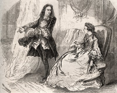 Armande Bejart (1641-1700), kone til Jean Baptiste Poquelin dit Moliere (1622-1673) med sin elsker, greven av Guiche, gravering av 1871 i "Histoire Des Cocus Celebres"" av Henry de Kock (1819-1892). av French School