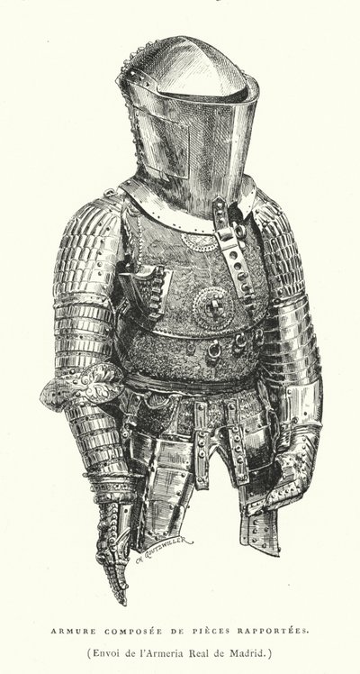 Rustning fra Royal Armory of Madrid, Spania (gravering) av French School