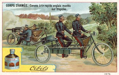 Army Corps - hurtigskytende engelske kanoner montert på trehjulssykler av French School