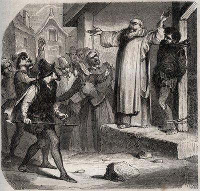 Arnaud du Tilh (Thil) is attached to a gallows and subjected to the insults of the crowd before his execution for usurping the identity of Martin Guerre (circa 1524 around 1560). Engraving from 1871 in “Histoire Des Cocuses Celebres”” by Henry de Kock (181 av French School