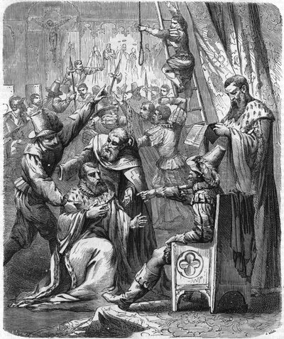 Arrestasjon av Brisson og Larcher, to voldelige leguere fra borgerkrigen på 1500-tallet. I "" Histoire Populaire de la France"", sd. ca 1885. Gravering. av French School