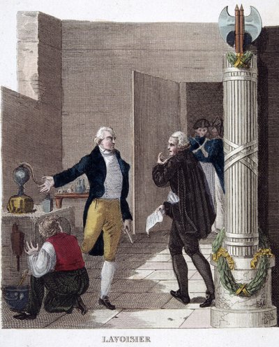 Arrestasjon av Lavoisier i laboratoriet hans. av French School