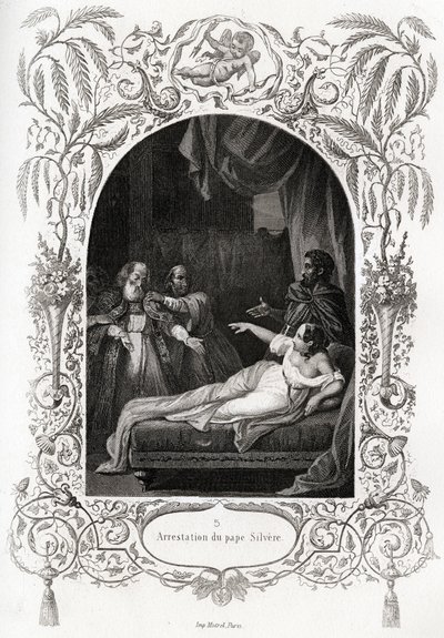 Arrestasjon av pave Silvere (Silverio) (pave fra 536 til 537). Gravering for å illustrere Histoire des popes av Maurice Lachatre (1814-1900), librairie du progres, Paris. av French School