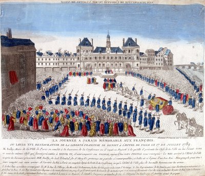 Ankomst av Louis XVI til Hôtel de Ville i Paris 17. juli 1789 - gravering av French School