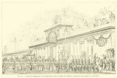 Ankomst av keiseren og keiserinnen i Tuileriehagen, på bryllupsdagen deres, 2. april 1810 av French School