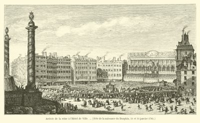 Dronningens ankomst til Hôtel de Ville, Dauphins fødselsdag, 21. og 23. januar 1782 av French School
