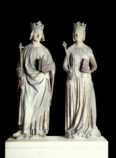 Art France: Statuer av kongen av Frankrike Charles V kjent som Karl den vise (1338-1380) og dronning av Frankrike Jeanne de Bourbon (1337-1378). Skulptur i kalkstein fra 1300-tallet. Sannsynligvis fra fasaden til den østlige inngangen til Louvre (dekor av French School