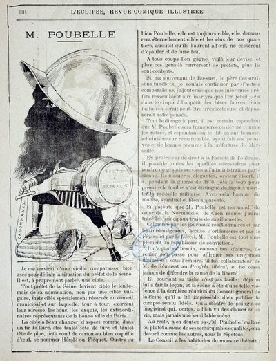 Artikkel og tegneserie om Eugene Poubelle (1831-1907), prefet av Seinen og oppfinner av søppeldunker i 1884. 10/04/1885. Paris, politiprefektur av French School