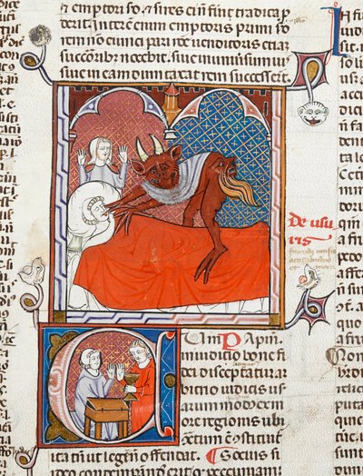 Arundel 484 f.245 En djevel eller demon på sengen til en død person, illustrasjon fra Digestum Vetus med gloss ordinaria, av Justinian, ca.1300-10 (vellum) av French School