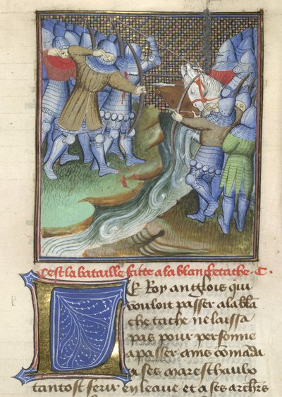 Arundel 67, f.144, middelaldersoldater som kjemper, over en elv, fra Chroniques d