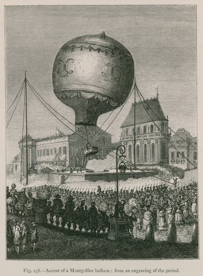 Bestigning av en Montgolfier-ballong; fra en graveringer av perioden av French School