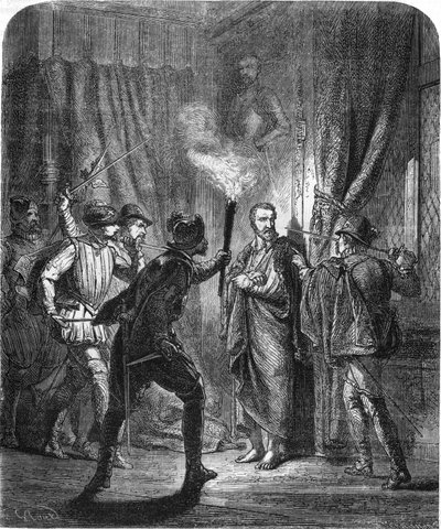 Assassination of Admiral de Coligny during the massacre of Saint-Bartelemy in 1572. In “” Histoire Populaire de la France””, sd. circa 1885. Engraving. av French School