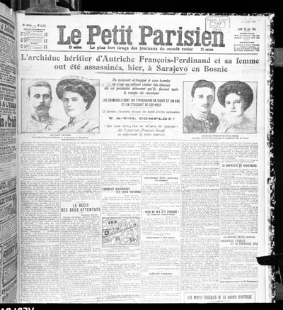 Attentatet på erkehertug Franz Ferdinand av Østerrike (1863-1914) og hans kone, fra Le Petit Parisien, 29. juni 1914 av French School