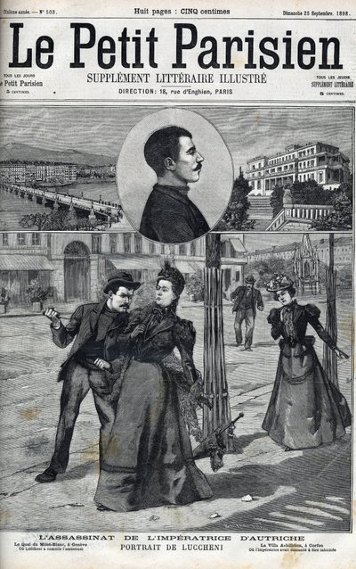 Assassination of the Impress Elizabeth of Austria (Sissi) by the Italian anarchist Luccheni in Geneva in 1898. Cover of “” Le petit Parisien”” of 1898 - The Assassination of Empress Elisabeth of Austria (Sissi) by Italian anarchist Luigi Lucheni, in Geneva av French School