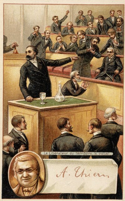 Forsamlings jubel Thiers, "" befrier av territoriet"" og portrett i medaljong - kromo., slutten av 1800-tallet. av French School