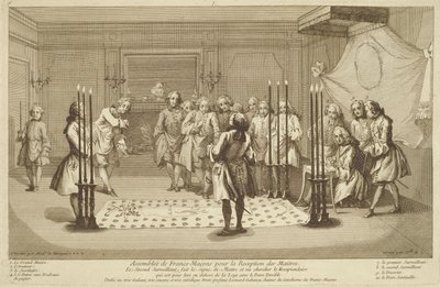 Forsamling av frimurere før innvielsen av en mester, fra The Ceremonies of Religion and Custom ca. 1733 av French School