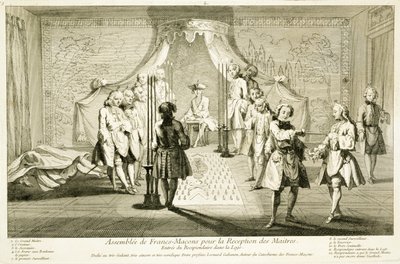 Assembly of Free Masons for Initiation of a Master, kandidatens inngang til logen, fra The Ceremonies of Religion and Custom, ca. 1733 av French School