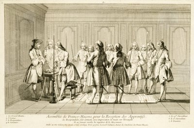 Forsamling av frimurere for å initiere en lærling, fra The Ceremonies of Religion and Custom, ca. 1733 av French School