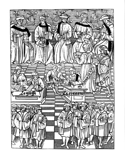 Forsamling av Provostship of the Merchants of Paris, etter et tresnitt i Ordannances Royaux de la Jurisdiction de la Prevote de Marchands et Eschevinage de la Ville de Paris av Jacques Nyverd, publis. av French School
