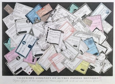Tildelere og andre eksempler på papirpenger fra utstedelsestidspunktet i 1789 til opphøret av sirkulasjonen i 1797 (fargegravering) av French School