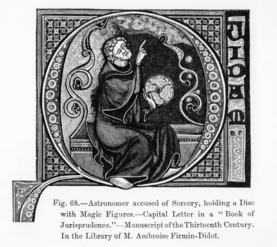 Astronom anklaget for trolldom, holder en plate med magiske figurer, fra The Book of Jurisprudence, illustrasjon fra vitenskap og litteratur i middelalderen og renessansen, skrevet og gravert av French School