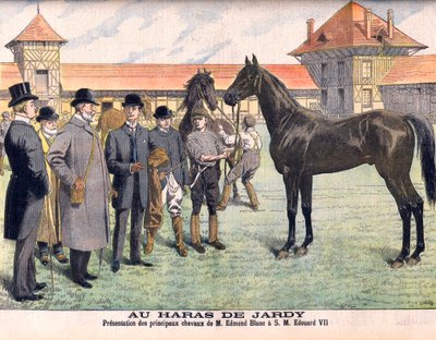 At the Jardy stud farm outside Paris (Marnes-la-Coquette). Breeder Edmond Blanc showing his best horses to King Edward VII. The Jardy Stud. Presentation of Mr Edmond Blanc