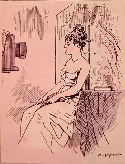 Hos fotografen i fotografiets tidlige dager: Dame som krever at fotografen ignorerer frisyren hennes og gir henne mer hår (litho-farge) av French School