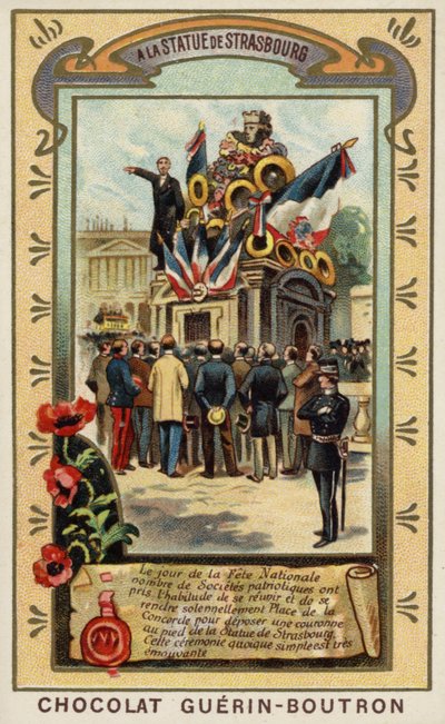 Ved statuen av Strasbourg, Place de la Concorde, Paris (chromolitho) av French School