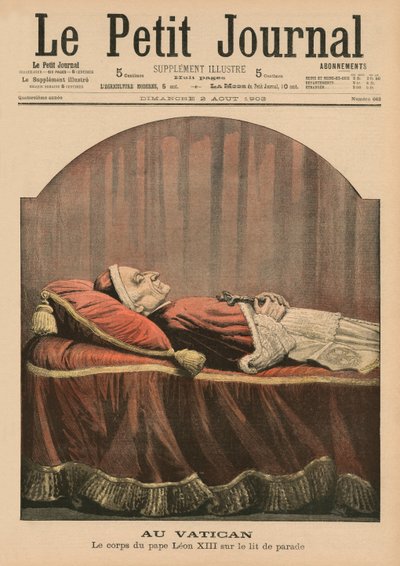 I Vatikanet, pave Leo XIII liggende i stat, forsideillustrasjon fra 'Le Petit Journal', tilleggsillustre, 2. august 1903 av French School