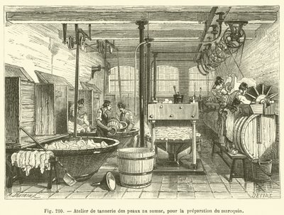 Garveriverksted for sumakskinn, for tilberedning av marokko (gravering) av French School