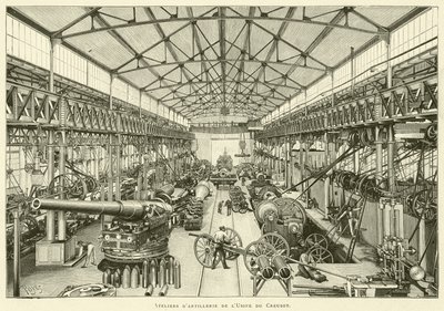 Artilleriverksteder fra Creusot-fabrikken (gravering) av French School