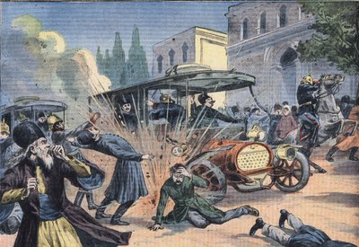 Angrep på sjahen av Persia Mohammad Ali Shah Qajar (1872-1925). Gravering fra avisen "Le Petit Parisien"" av French School