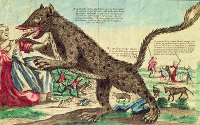 Angrep fra udyret fra Gevaudan i 1764 (fargegravering) av French School