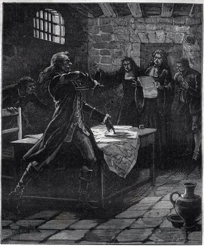Attempted suicide of Marquis Thomas Arthur, Baron de Tollendal, Count of Lally (1702 - 1766), French general of Irish origin at the time of the announcement of his death sentence for treason by the Paris parliament in 1766. Engraving of the 19th century. av French School