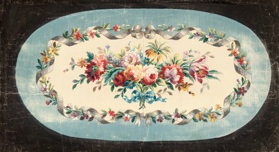 Aubusson-design for en sofarygg eller seterygg med spray av blandede blomster innenfor bånd- og blomsterkanter av French School